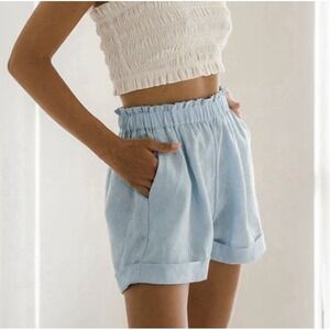 Rove Designs Womens 100% Linen Shorts Small Light Blue Pull On High Waist Lounge